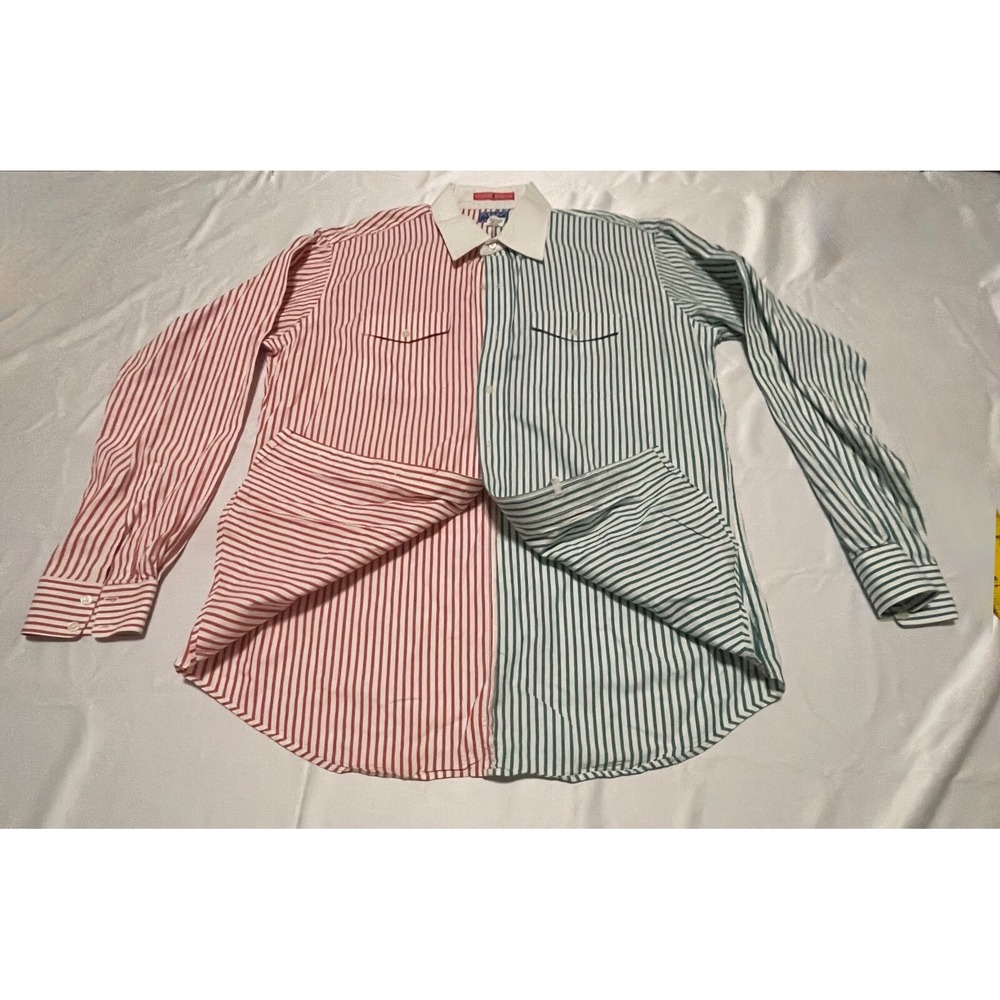 TEXAS COTTON MEN BUTTON UP SHIRT‎ PIN STRIPPED GREEN RED SIZE 17 36